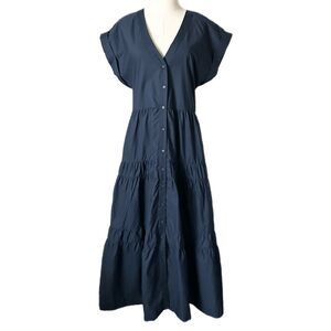 NEW Abercrombie & Fitch Button Front V-Neck Tiered Maxi Dress Navy Size Medium